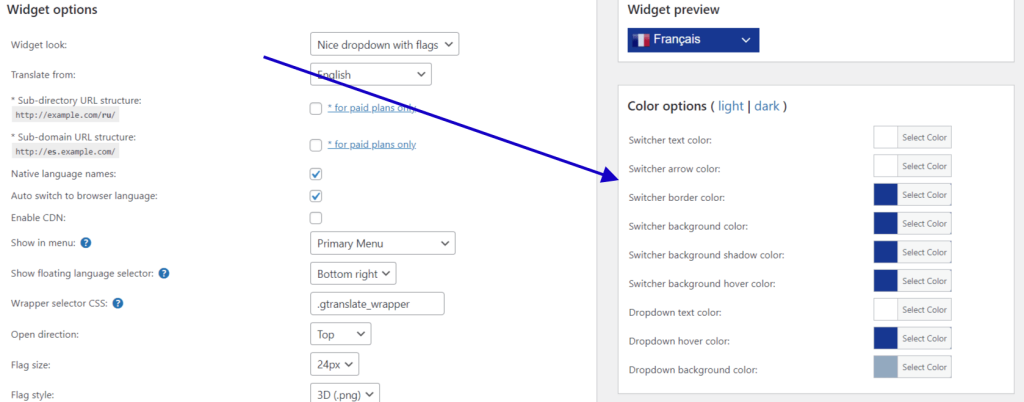 color change min color customize for gTranslate