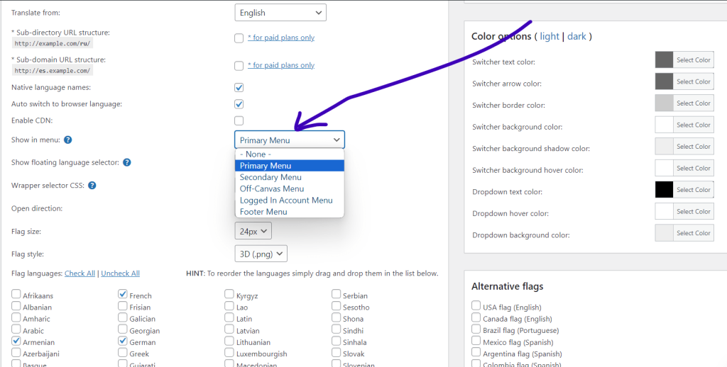 show in menu min GTranslate setting: show in menu