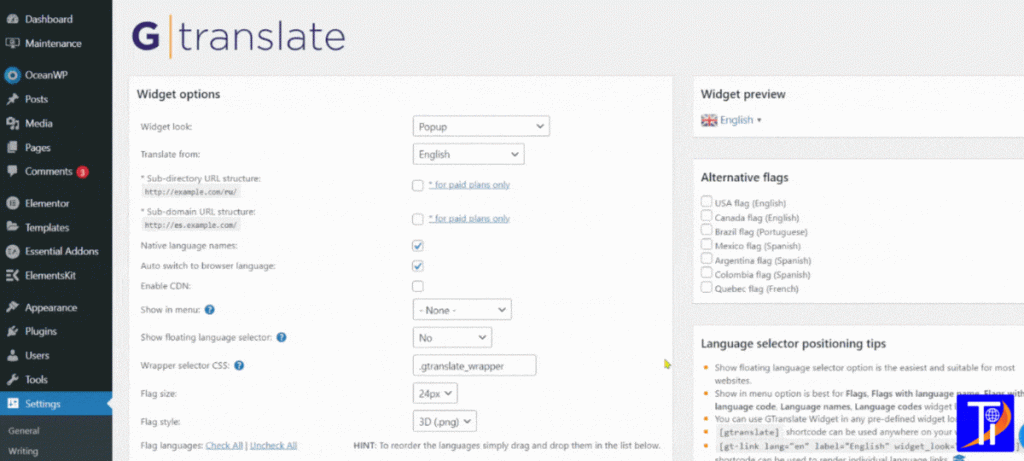 Website translate function setting in wordpress website