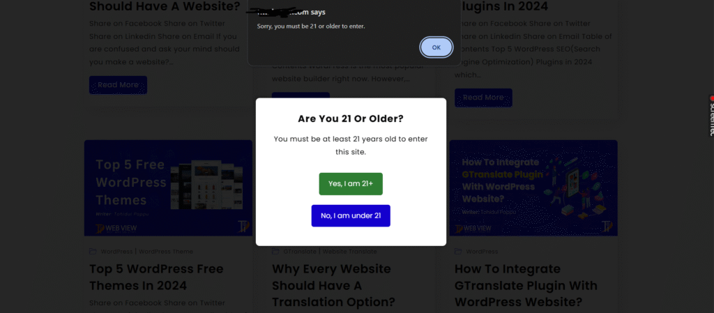 Age verification popup on a WordPress website