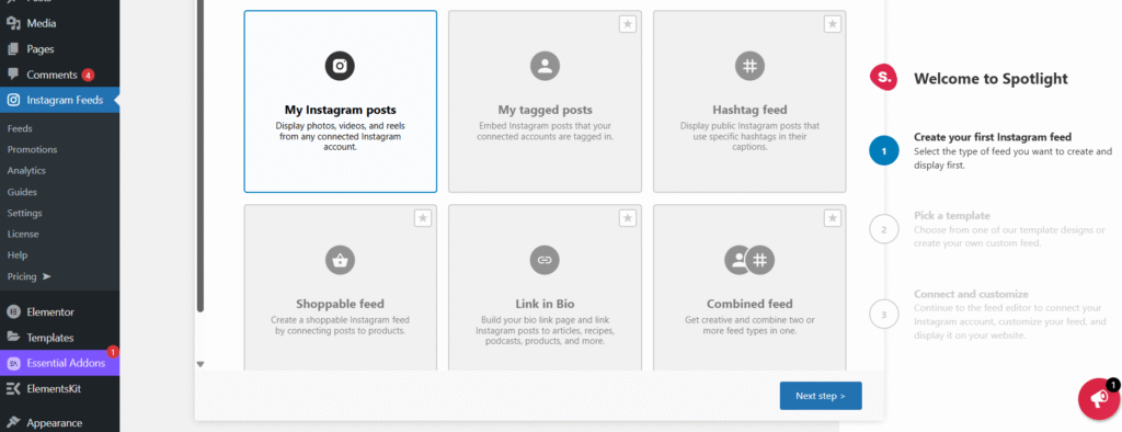 Instagram feed setup in WordPress, step 2a